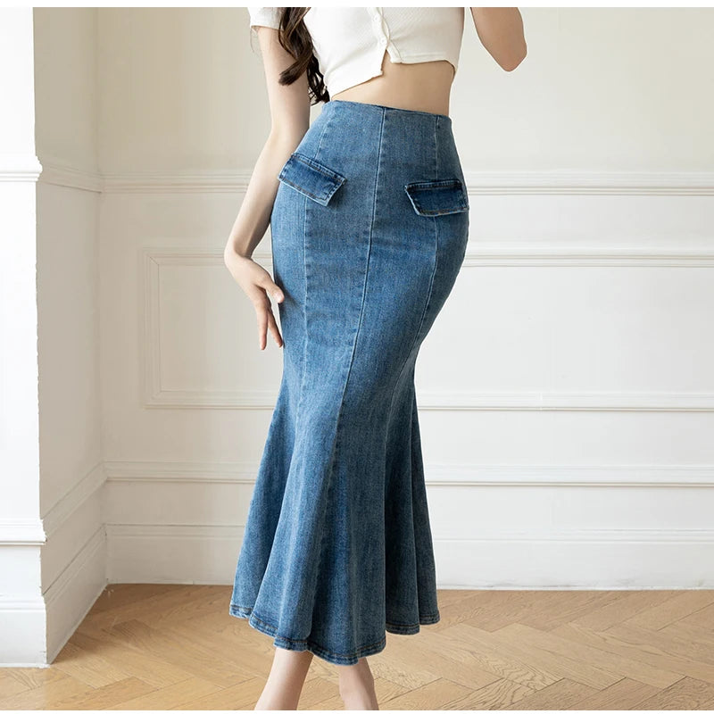 Elegant Casual Denim Jean Skirt for Women's High Waist Bodycon Ruffles Fishtail Skirts Fashion Trumpet Midi Length Skirts Female