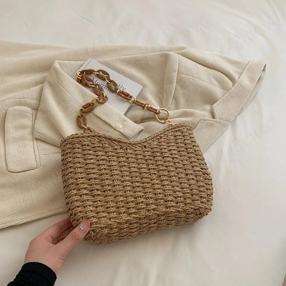 Straw Purse for Women with Chain Woven Shoulder Bag Zipper Underarm Bag Large Capacity Clutch Purse for Travel Vacation