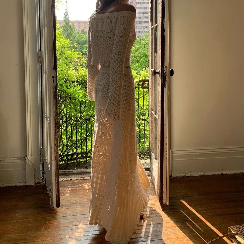 Women's Knitted Sweater Skirt Two-Piece Suit New Sexy Hollow Off-Neck Long Sleeve Sweater Skirt Suit