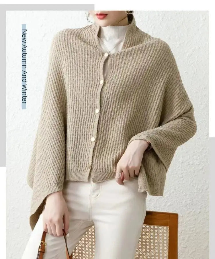 Warm Knitted Plain Color Scarf Thick Single Breasted Wool Shawl Wrap Women Cape Open Side Woven Cardigan Poncho Stole