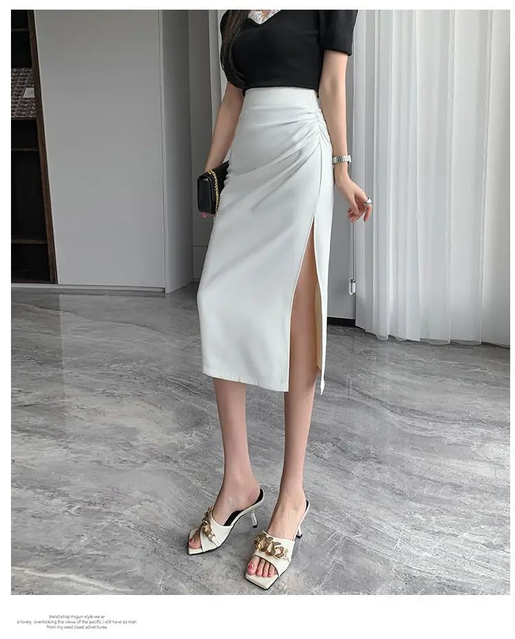 Slit Pleated Skirt for Women 2025 Summer New High-waist Slim Mid-length Versatile A-line Skirt