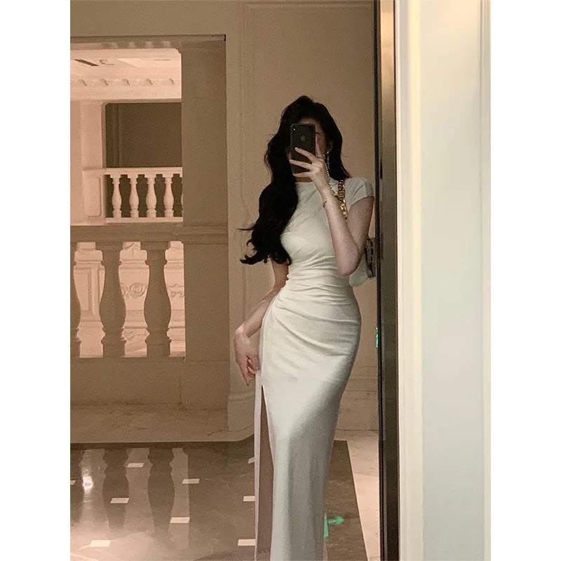 Elegant White Long Dress for Women Short Sleeve Party Split Dress Office Lady Sheath Slim Fit O Neck 2023 New Summer Black Dress