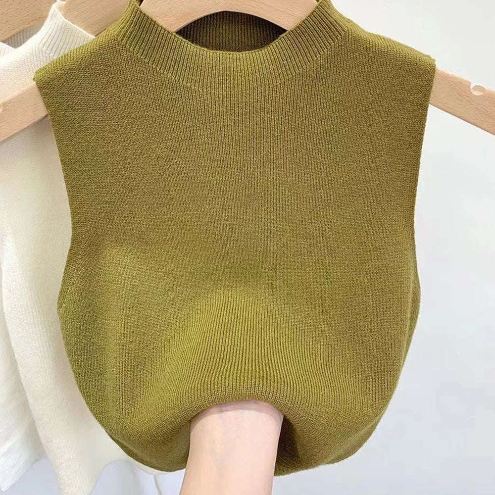 Women's Vest Tank Top Solid Color Knitted Tees Cropped Camisole Sweater Half-turtleneck Spring Autumn Sleeveless топ женский