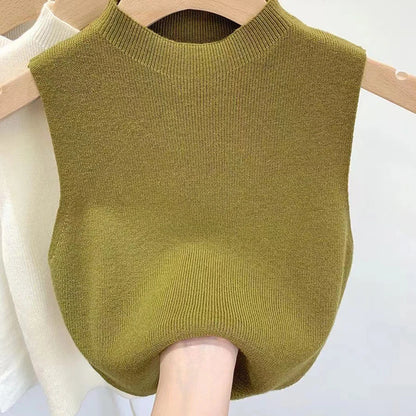 Women's Vest Tank Top Solid Color Knitted Tees Cropped Camisole Sweater Half-turtleneck Spring Autumn Sleeveless топ женский