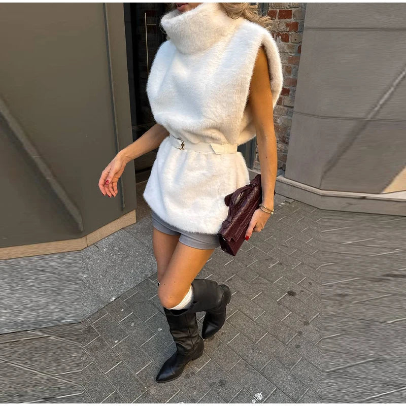 Vintage Brown Women's Faux Fur Vest Solid High Collar Sleeveless Thicken Female Waistcoat 2025 Autumn Winter New Lady Streetwear