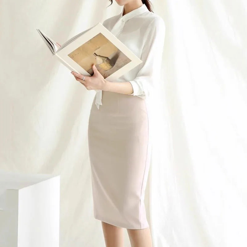 Elegant High Waisted Office Lady Pencil Skirt Korean Fashion Slim Fit Package Hip Midi Skirts Women Solid Color All-match Skirts