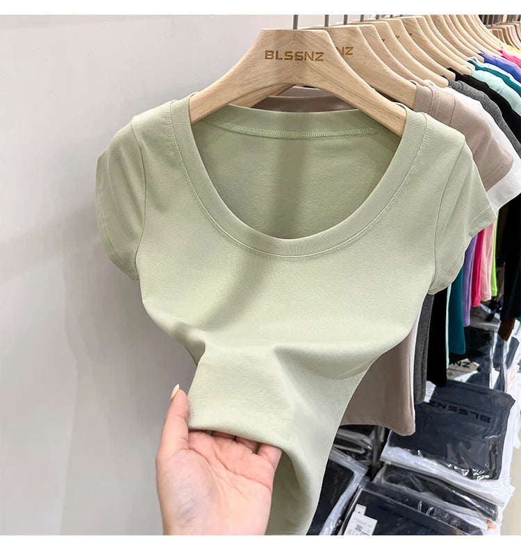 2025 Sexy Square Collar Slim T Shirt Women Cotton Elastic Basic Solid Female Casual Tops Short Sleeve Thin T-shirts See Through