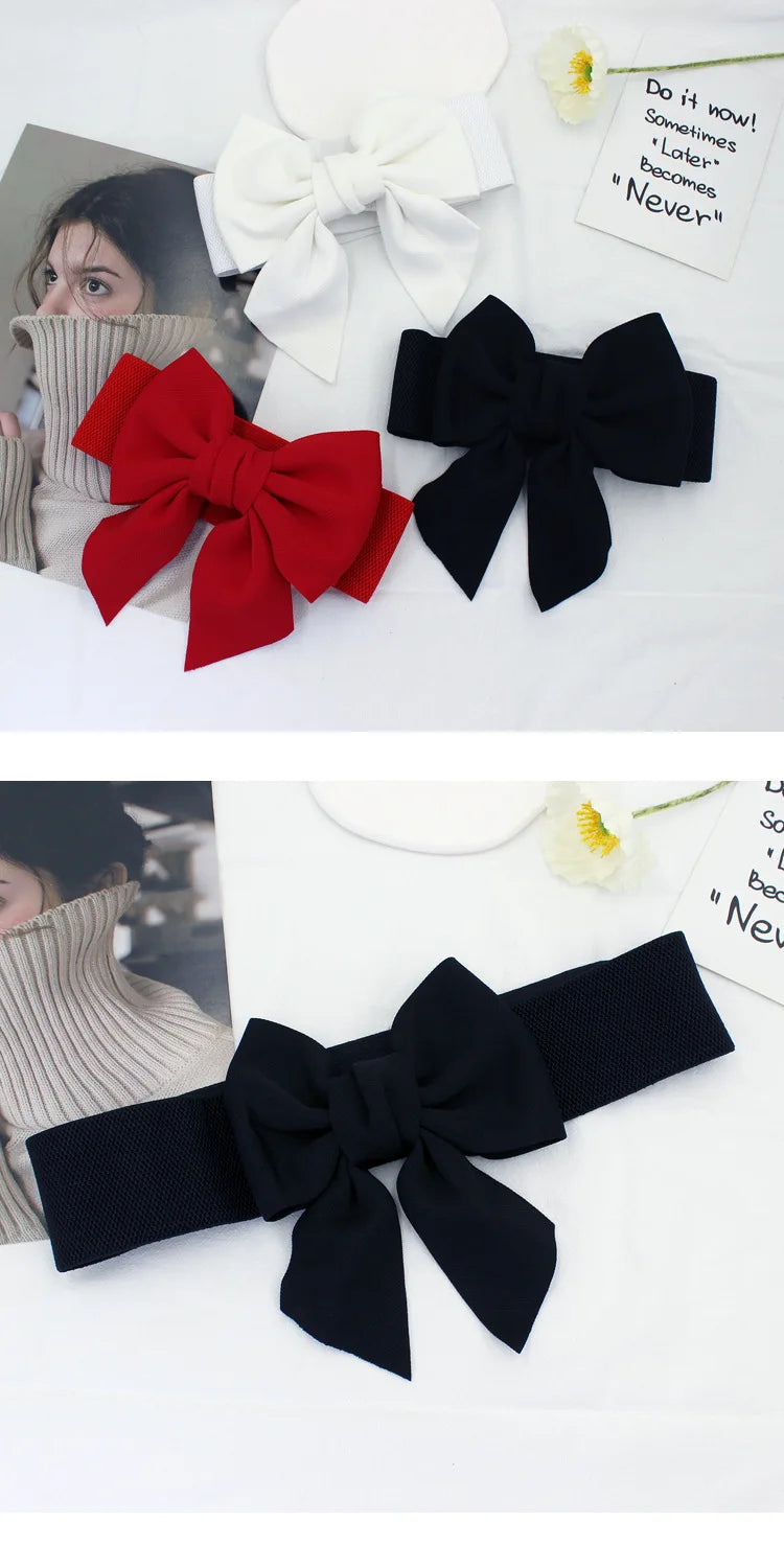 New Fashion Elegant Large Bow Elastic Belts for Women Wide Side Belt Dress Female Jeans Waistband Trouser Accessory