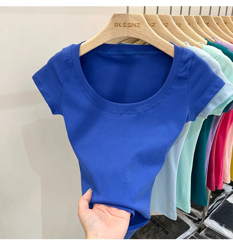 2025 Sexy Square Collar Slim T Shirt Women Cotton Elastic Basic Solid Female Casual Tops Short Sleeve Thin T-shirts See Through