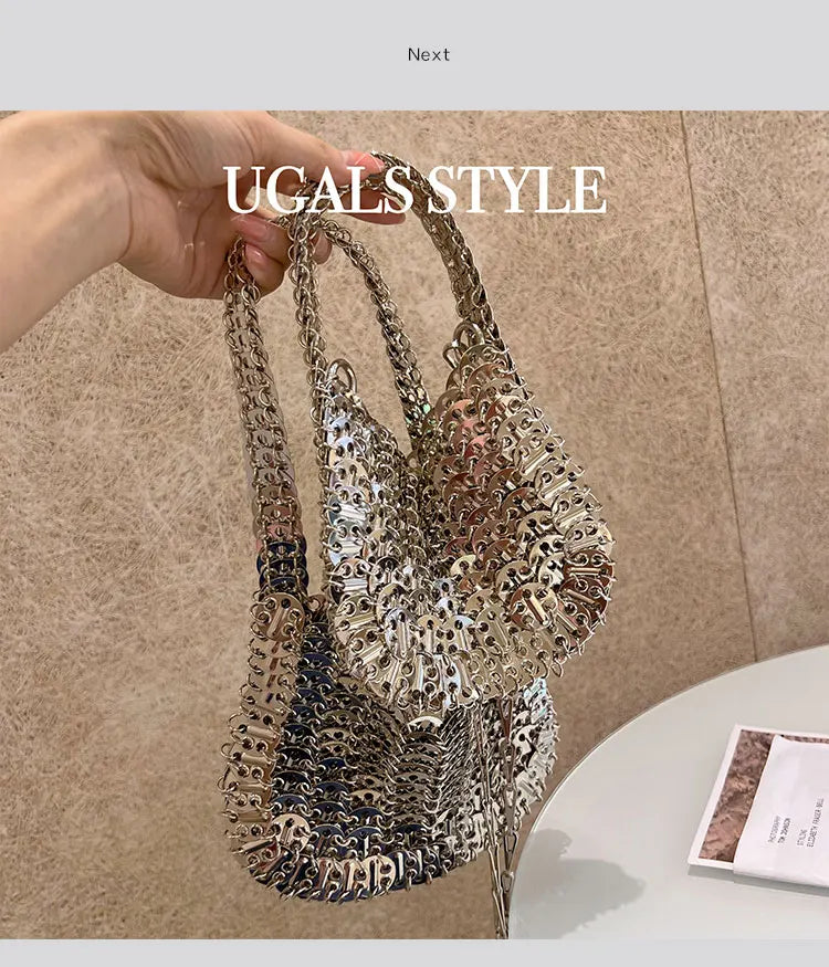 Bling Shiny Metal Sequined Dumpling Bag Woven Handmade Women Handbag Fashion Evening Bag Wedding Party Clutch Purse Shoulder Bag