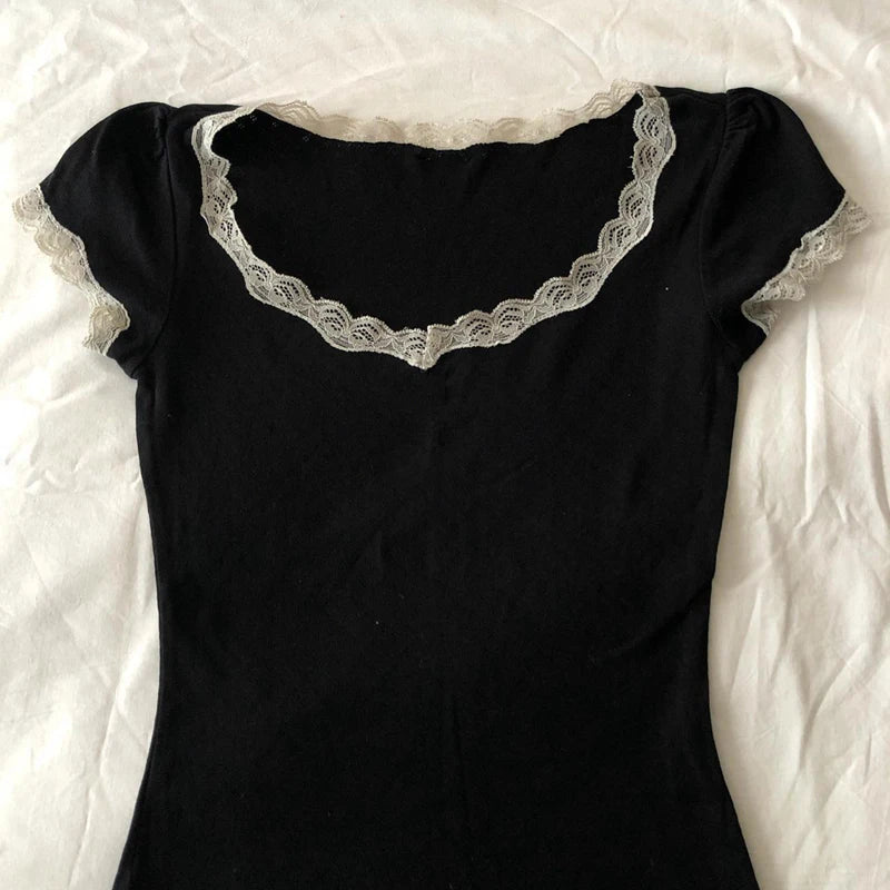 White Lace Trim Neckline Crop Tops Fairycore Aesthetics Vintage Black Milkmaid Tees Chic Women Y2K Retro Grunge T Shirt Korean