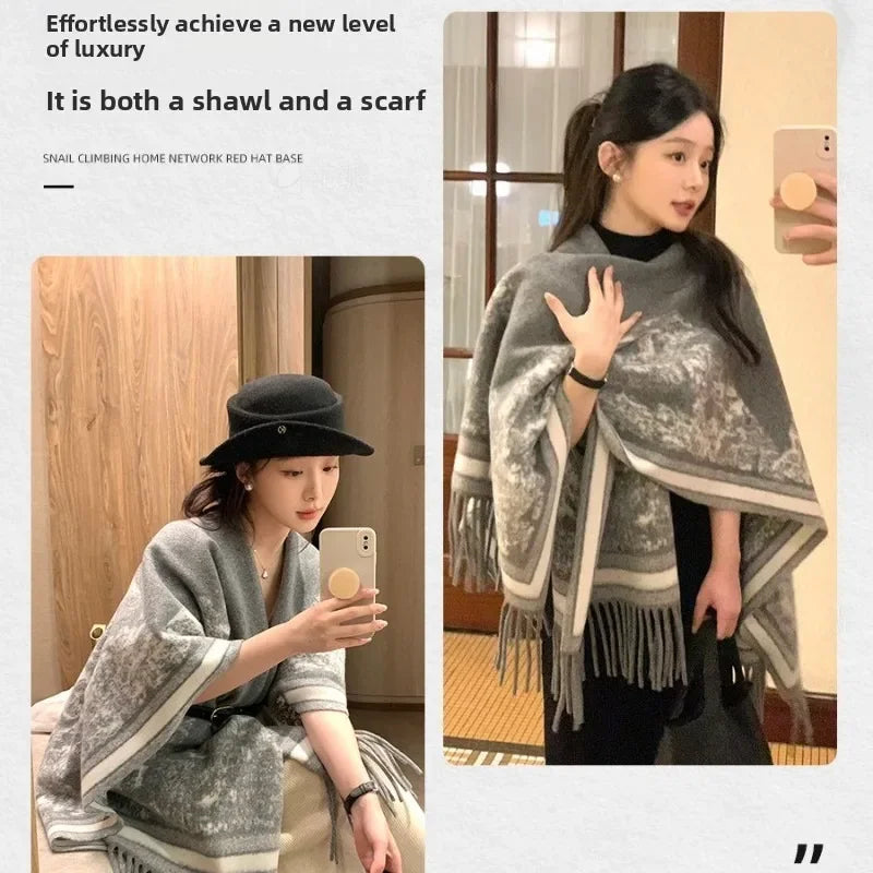 Light luxury and high-end shawl jacket for women in autumn and winter fashion, ancient style warm scarf, cloak outer outfit