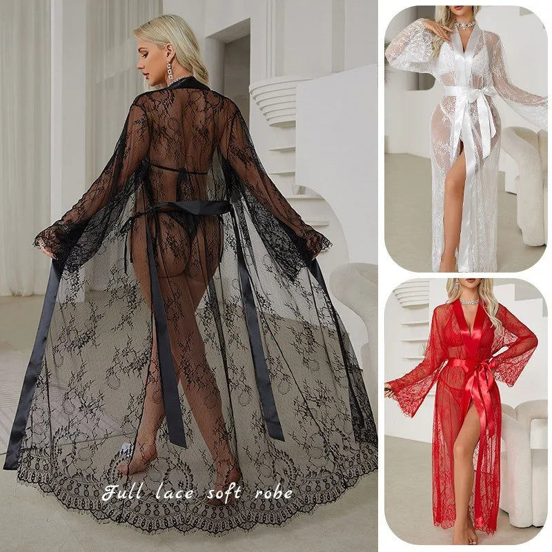 Women's Sheer Lace Robe Sexy See Through Nightgown with Jacquard Lace Floral Trim Satin Lounge Dress for Kimono Robe Home Wear