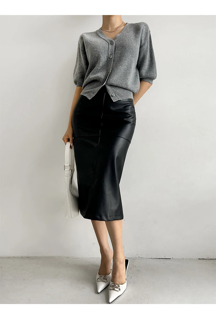 New Fashion Pu Leather Skirt Women Fashion Autumn High Waist Slim Split Wrapped Hip Pencil Skirts Elegant Office Lady Jupe