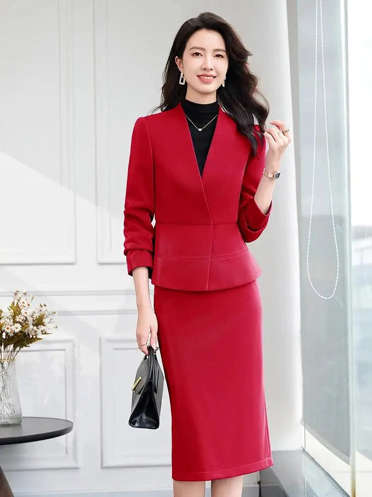 2025 New All Season Skirt Suits Women New Fashion Temperament V Neck Professional Blazer And High Waist Skirt Two Piece Set