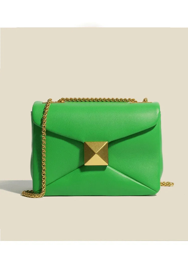 Early Spring Korean Style Cropped Studded Niche Chain Bag 2024 New Trendy Versatile Handbag Genuine Leather Small Square Bag