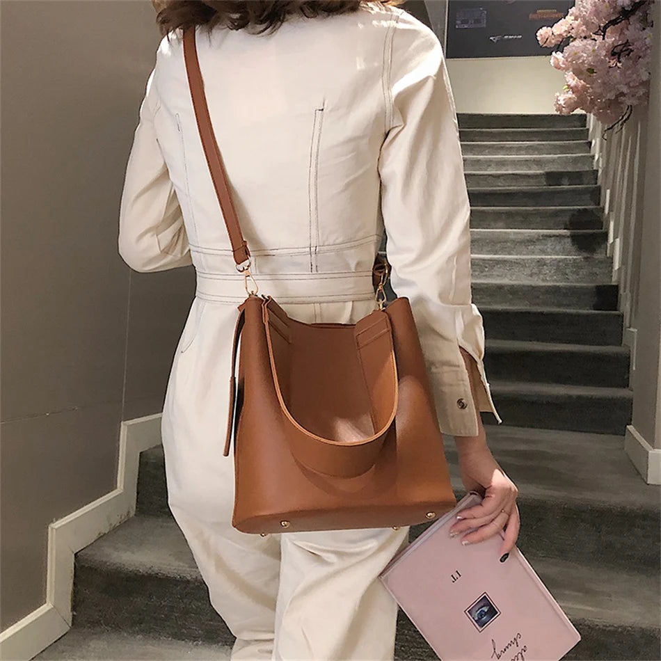2piece/set Fashion Design Pu Leather Shoulder Crossbody Bag Casual Lady Tote Female Large Capacity Bucket purses and handbags