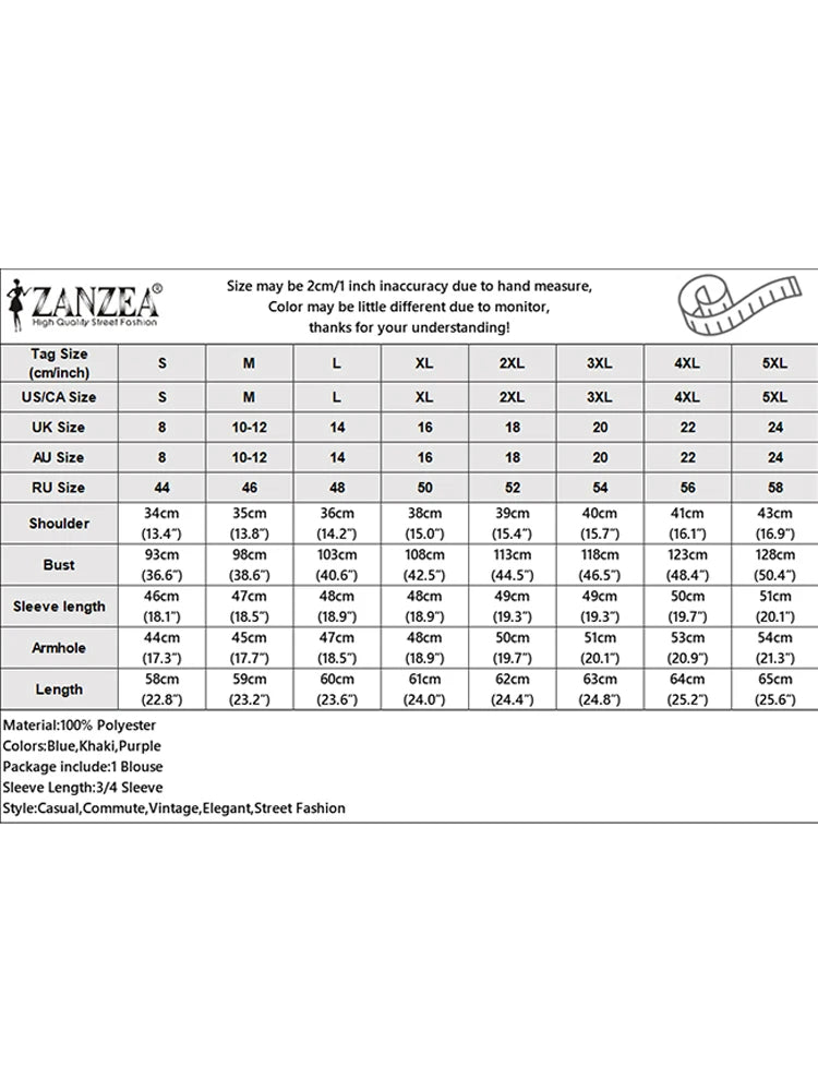 Elegant Women Work OL Blouses 2025 ZANZEA Summer Autumn Shirts Stand Neck 3/4 Sleeve Solid Blusas Female Tunic Chemise Oversize