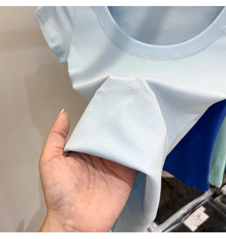 2025 Sexy Square Collar Slim T Shirt Women Cotton Elastic Basic Solid Female Casual Tops Short Sleeve Thin T-shirts See Through