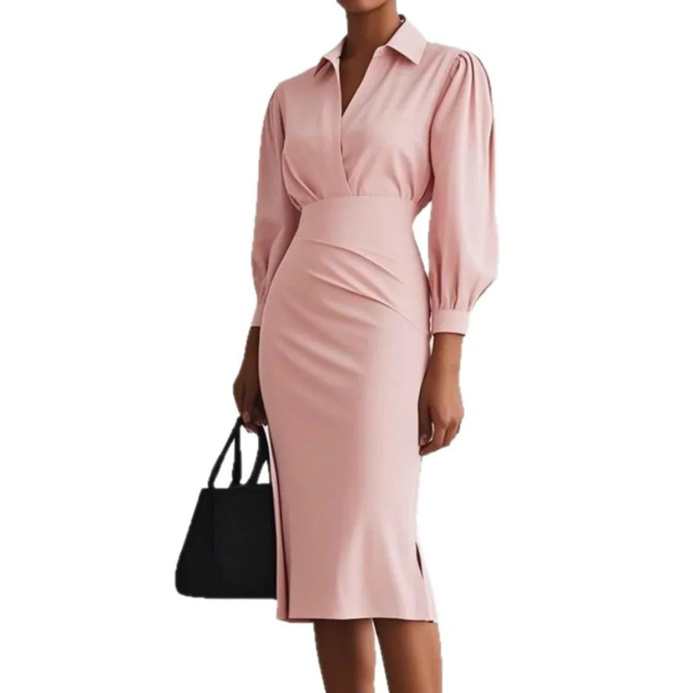 Dresses Women Long Dress 2025 Autumn Office Lady Vestidos Largos Lapel Split Slash Tight Waist Slim Solid Casual Elegant Dresses