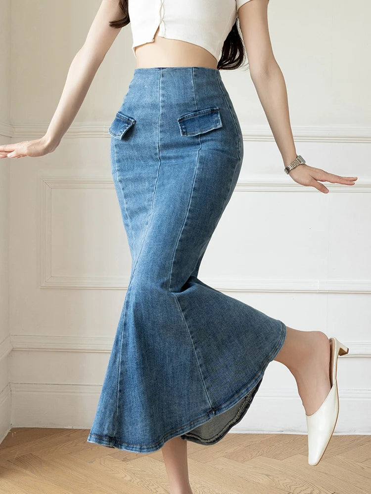 Elegant Casual Denim Jean Skirt for Women's High Waist Bodycon Ruffles Fishtail Skirts Fashion Trumpet Midi Length Skirts Female