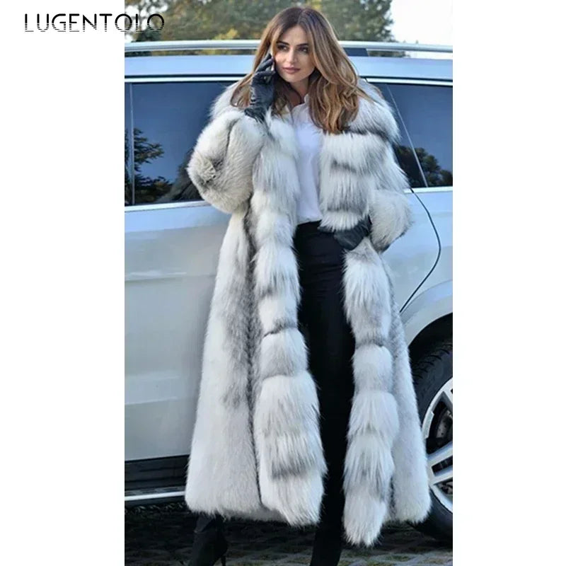 Women Faux Fur Coat Winterf Fashion Warm X-Long Large Size Coats Solid Hooded Loose Open Stitch 5XL New 2024 Elegant Clothing