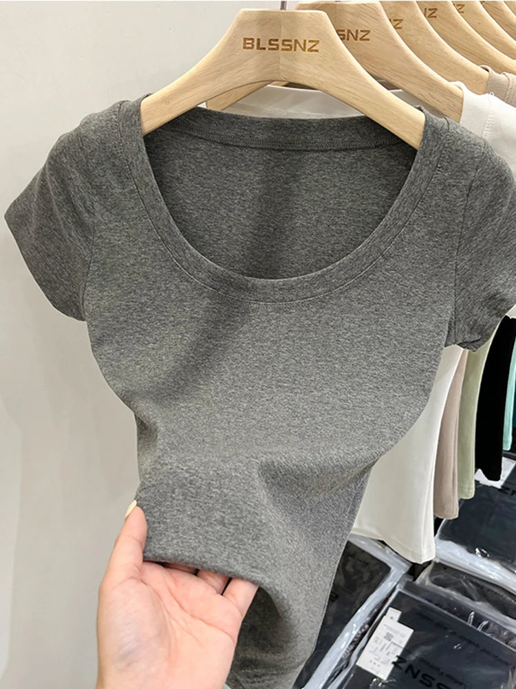 2025 Sexy Square Collar Slim T Shirt Women Cotton Elastic Basic Solid Female Casual Tops Short Sleeve Thin T-shirts See Through
