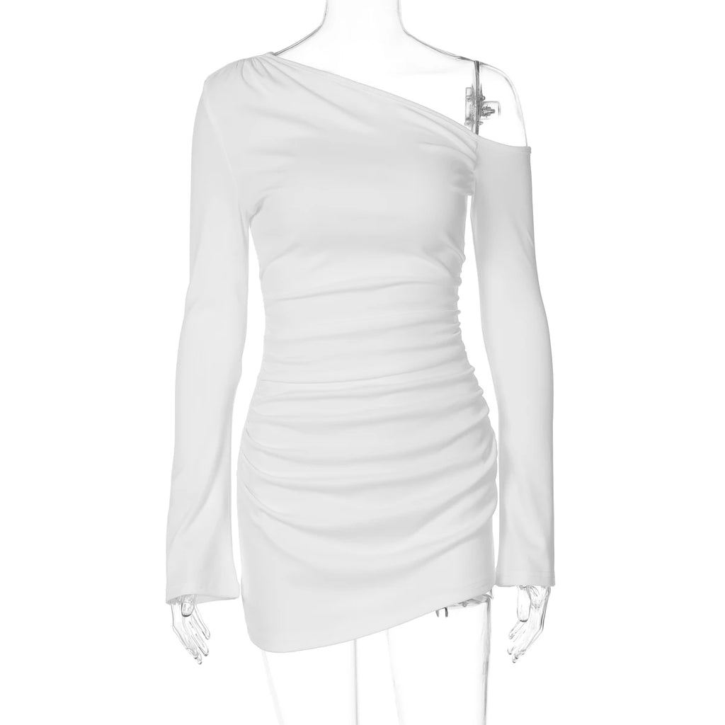 Inclined-Sleeve Ruched Mini Dress