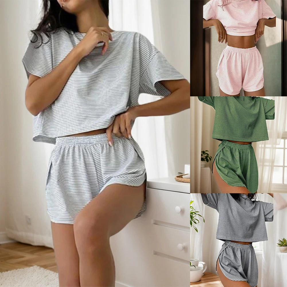 2 Pieces Pajamas Set Women Striped Pajamas Set Short Sleeve Tops and Shorts Soft Sleepwear Nightwear PJs Set