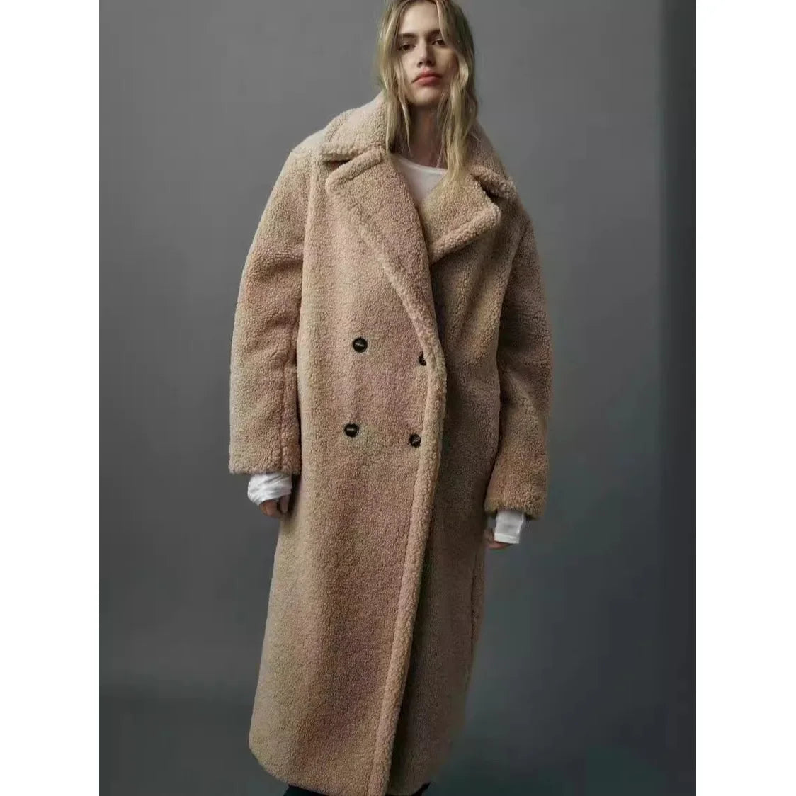 Over-Knee Fleece-Lined Casual Lapel Coat Double-Button Decoration Loose Women's Outerwear Versatile Beige New Year's Quality Sty