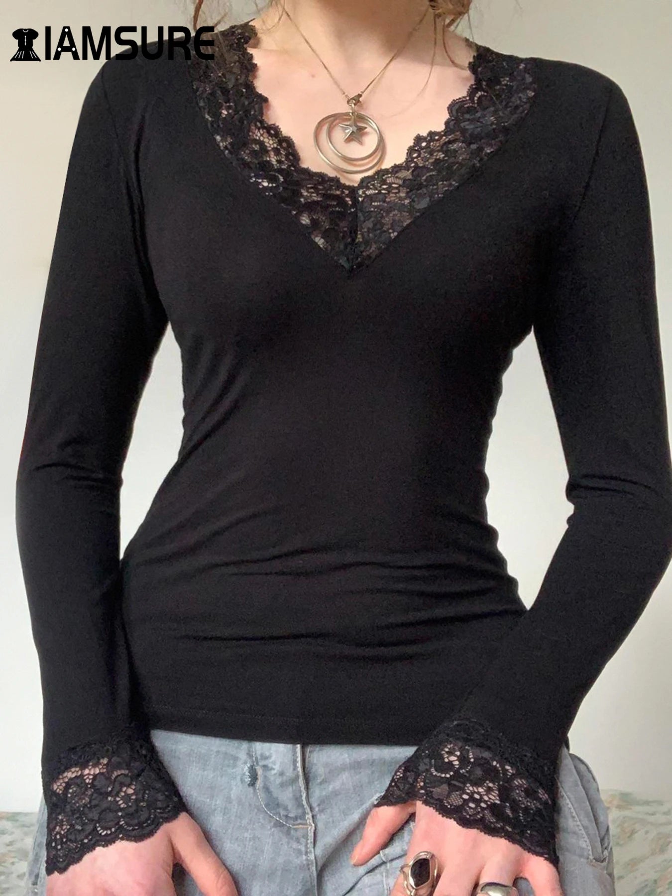 Casual Solid Lace Trim T Shirt Basic Slim V-Neck Long Sleeve Tees Women 2024 Autumn Spring Fashion Streetwear Ladies