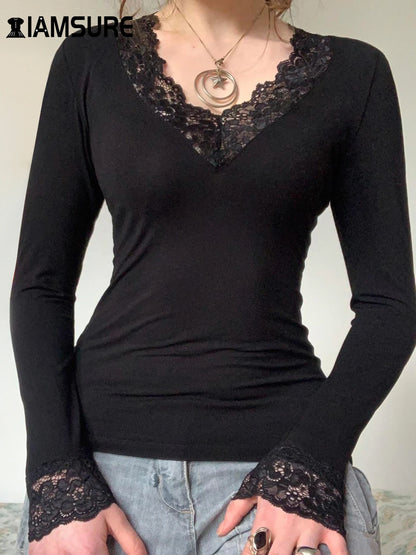 Casual Solid Lace Trim T Shirt Basic Slim V-Neck Long Sleeve Tees Women 2024 Autumn Spring Fashion Streetwear Ladies