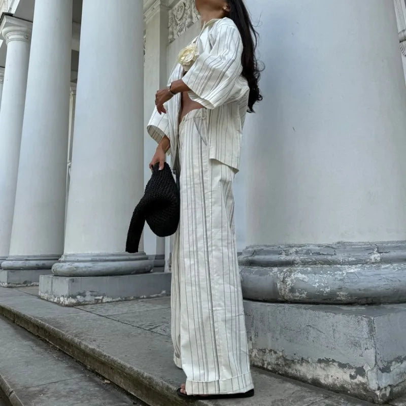 Elegant Women 2 Piece Pajama Set Striped Long Sleeve Button Down Shirt and Straight Leg Pants Loungewear