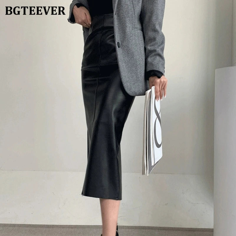 BGTEEVER Stylish Package Hip PU Leather Skirts for Women Autumn Elegant High Waist Slim Split Ladies Pencil Skirts