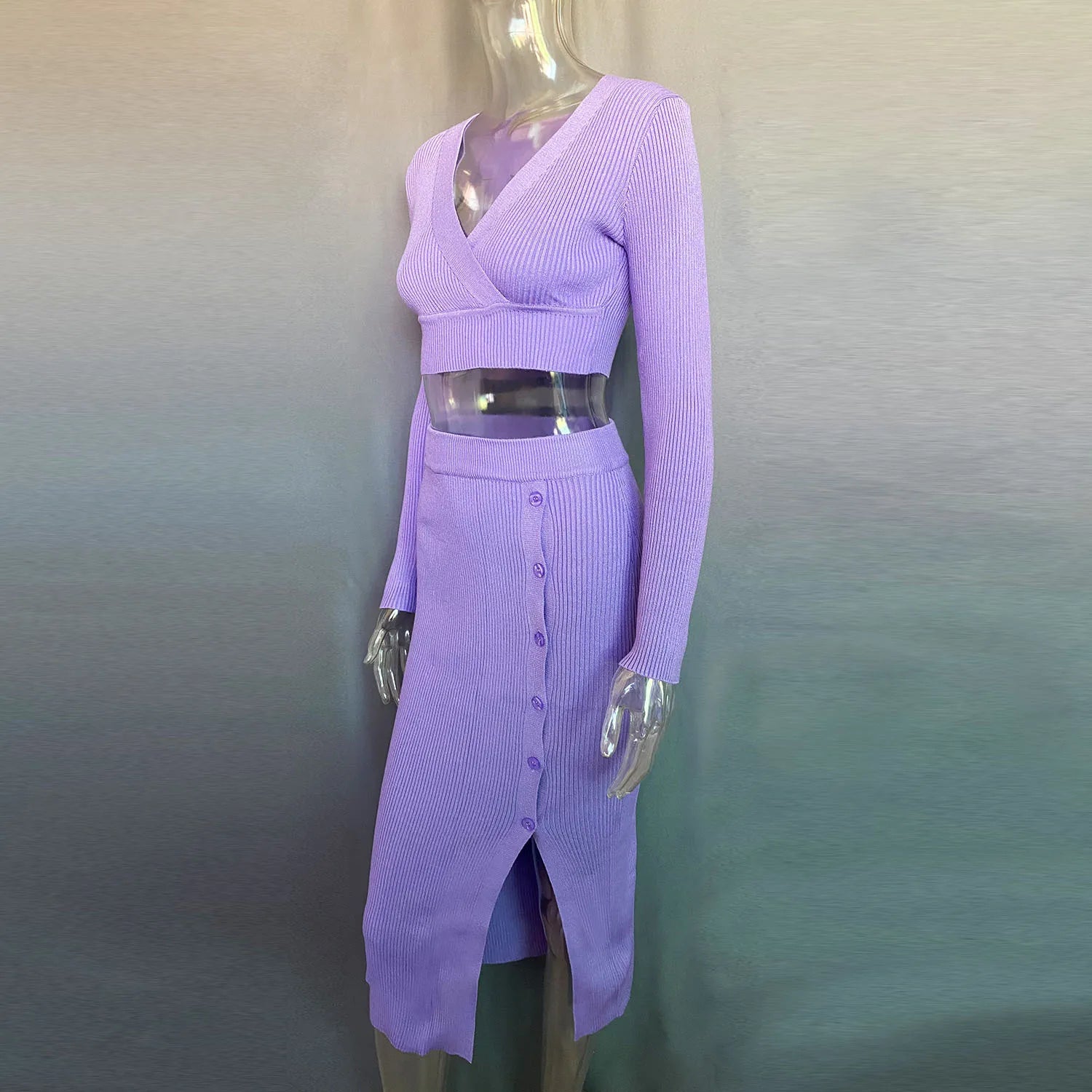 Talenza Knitted Slim Fit Slit Skirt Set 2 Piece Women's Solid Color Pullover Top Long Skirt Set Long Sleeve Women's Suit Skirt