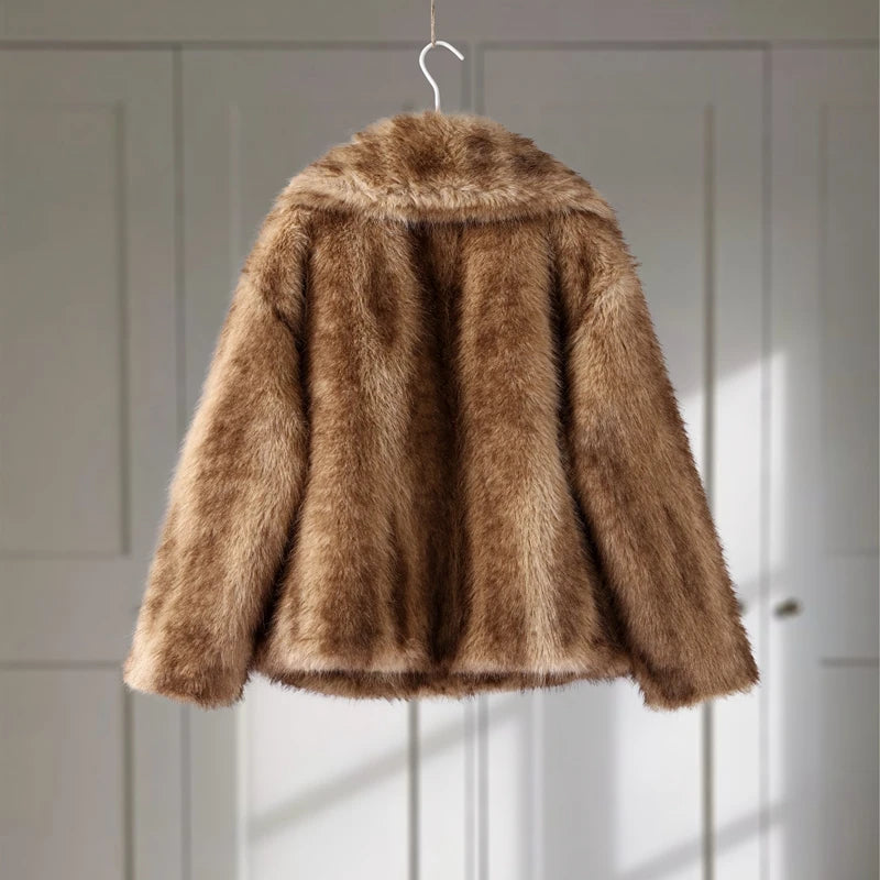 Street Faux Fur Women Coat Urban Full Sleeve Lapel Panelled Pocket Female Outwear 2025 Autumn Winter Elegant Lady Outwear