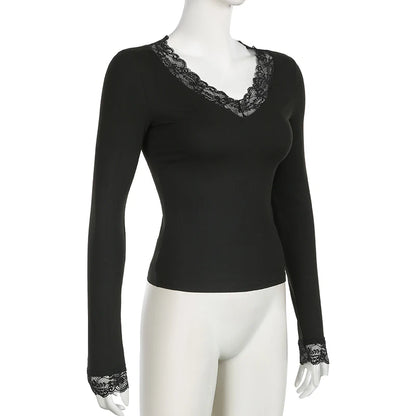 Casual Solid Lace Trim T Shirt Basic Slim V-Neck Long Sleeve Tees Women 2024 Autumn Spring Fashion Streetwear Ladies