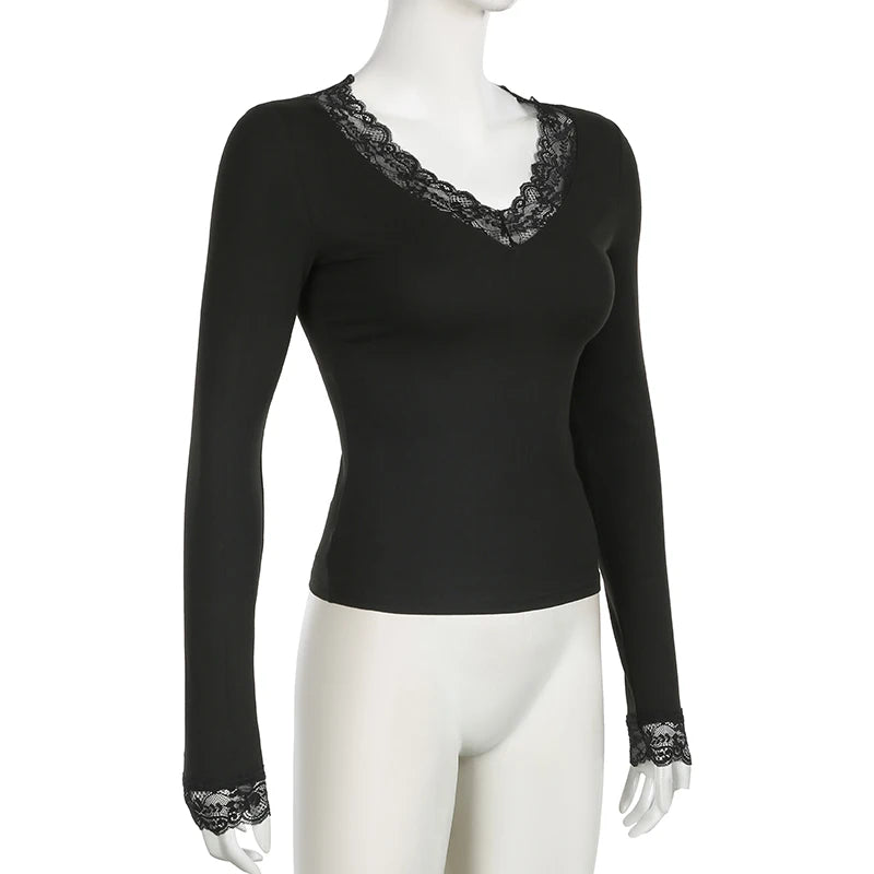 Casual Solid Lace Trim T Shirt Basic Slim V-Neck Long Sleeve Tees Women 2024 Autumn Spring Fashion Streetwear Ladies
