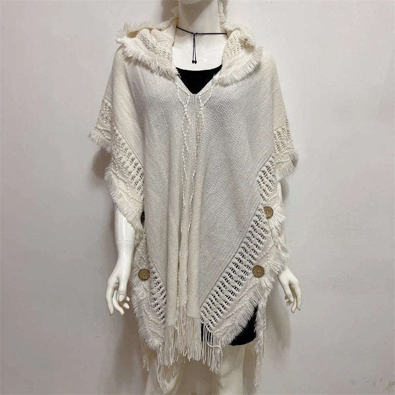 Hooded Crochet Cloak Poncho Shawl - Boho Chic Fringed Knit Wrap for Women, Spring-Autumn Versatile Outerwear