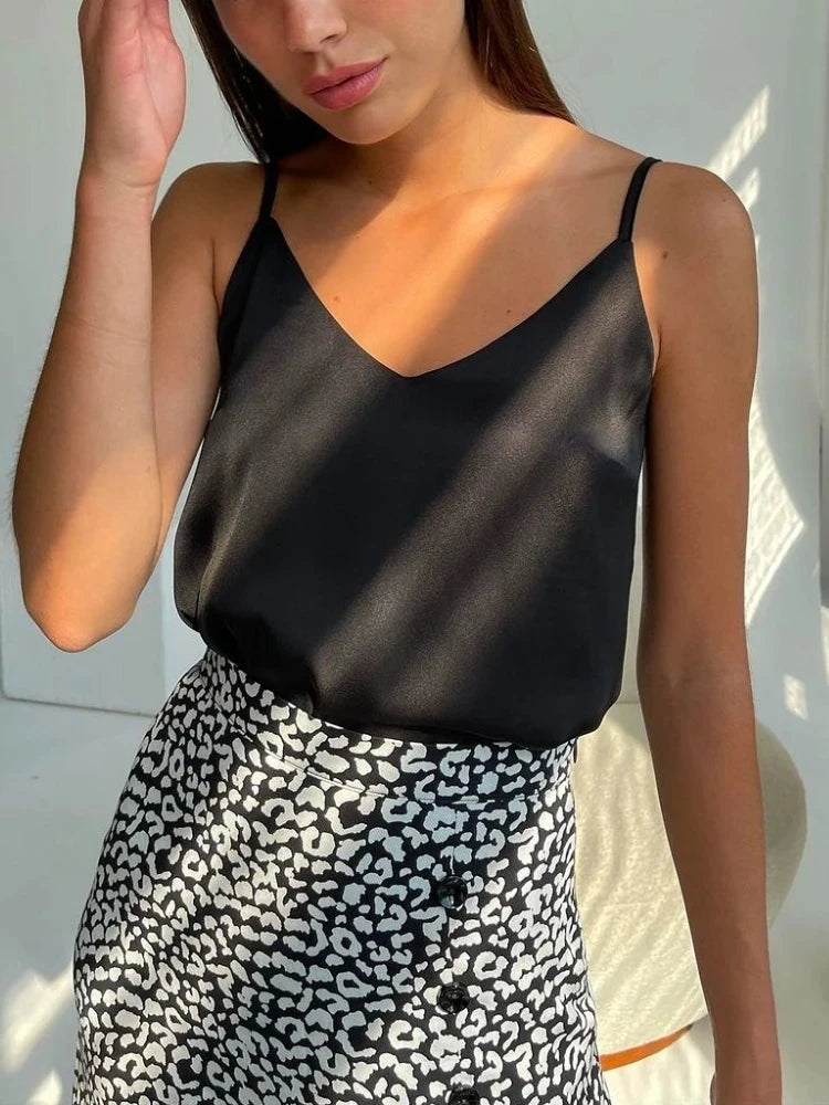 Spaghetti Strap Top Women Halter V Neck Basic White Cami Sleeveless Satin Silk Tank Tops Women Summer 2025 Camisole