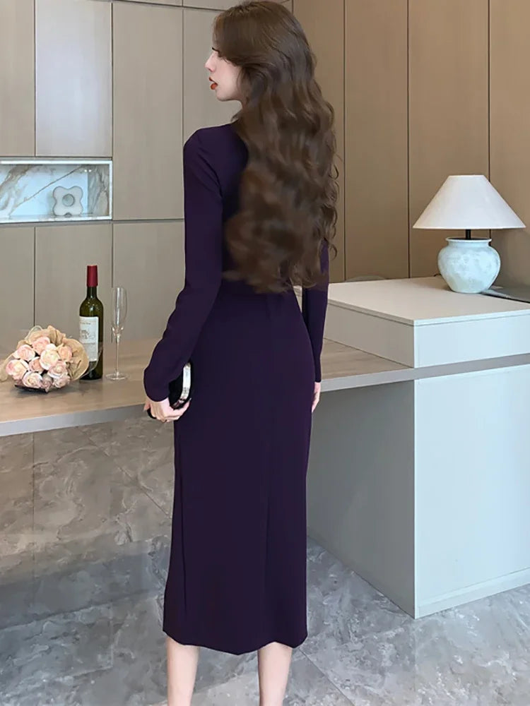 Purpled Elegant Pleated Bodycon Suit Dress for Women 2025 Korean Fashion Formal Dress Autumn Winter Chic Bespoke Occasion Dress