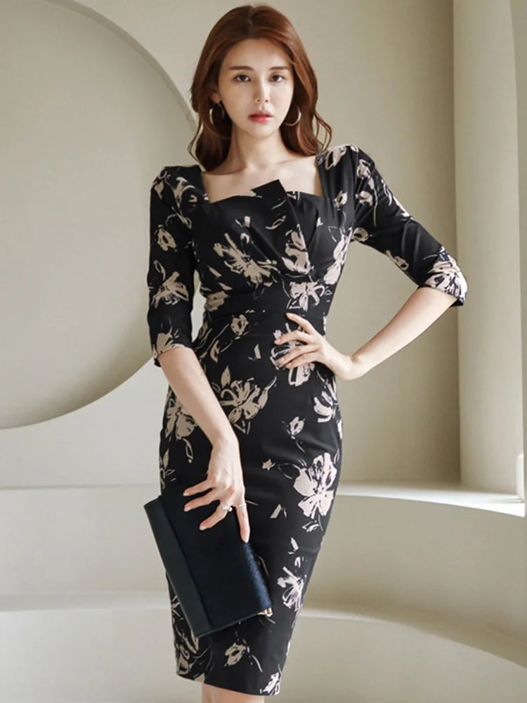 Elegant Office Lady Dress Spring Fashion Floral Square Collar With Seven-Point Sleeve High Waist Sheath Party Dress Women