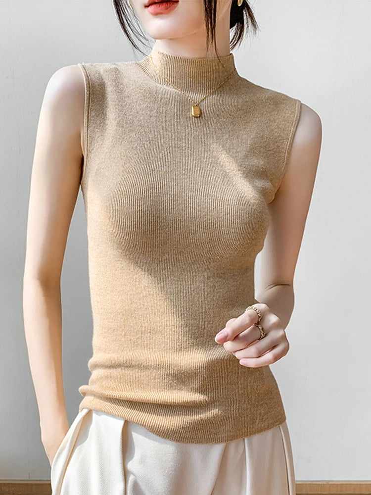 Sexy Summer Turtleneck Tank Tops Women Ribbed Sleeveless Solid Slim Top Female Sleveless Camisole Vest Casual Knitted Camis 2025