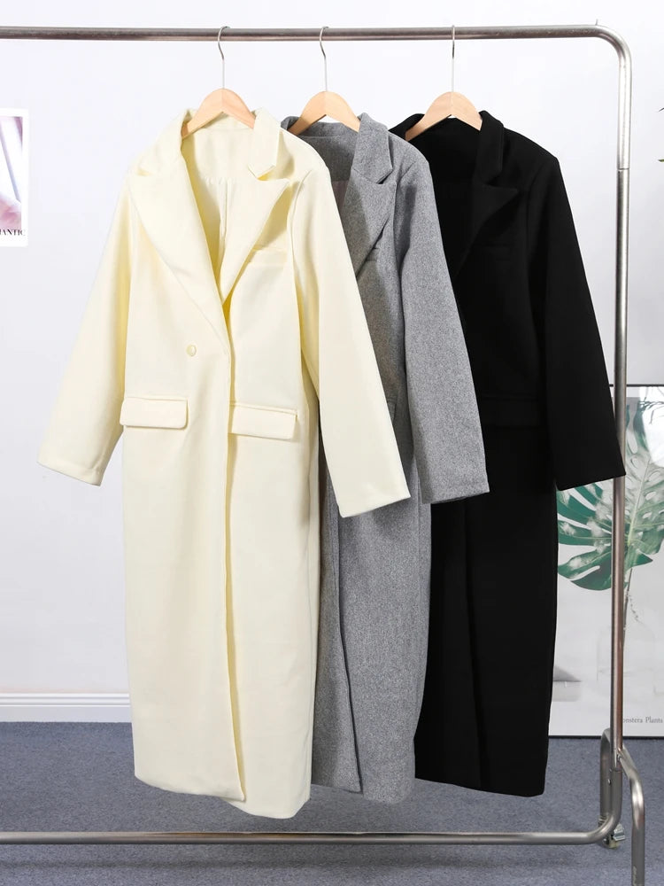 Elegant Women's Woolen Overcoat Lapel Long Sleeve Single Breasted Pocket Warm Long Coat 2025 Autumn Winter Fashion Lady Outwear
