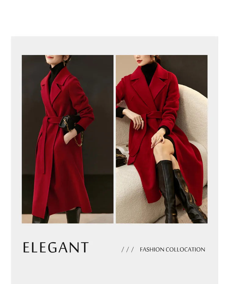 SENTUBILA Women 100% Wool Long Wrap Coat 2025 Elegant Notched Collar Belted Warm Double Faced Woolen Winter Overcoat W24O43352