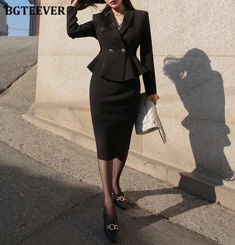 BGTEEVER Elegant Ladies Skirt Suits Double Breasted Slim Waist Blazer & High Waist Package Hip Skirts Women 2 Pieces Set