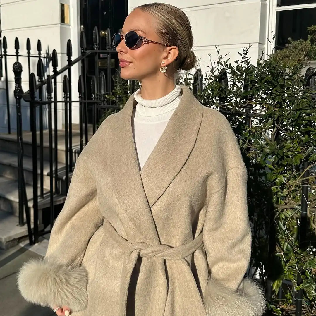 Solid Faux Fur Patchwork Woolen Coat Women Elegant Lace Up Lapel Long Sleeve Short Jacket Lady 2025 Winter Daily Street Outwear