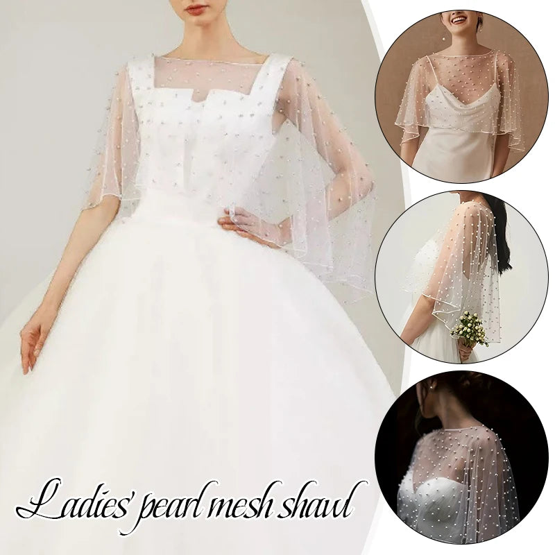 Fashion Wedding Dress Lace Shawl Pearl Short Cape French Elegance Evening Party Bridal Cover Up White Gauze Shoulder Decoration