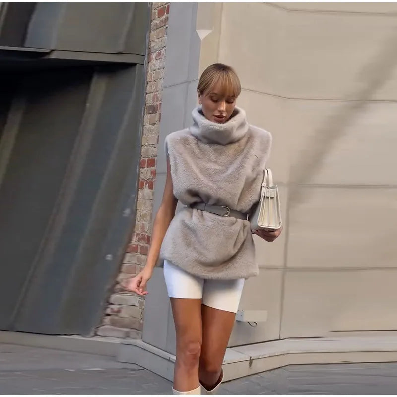 Vintage Brown Women's Faux Fur Vest Solid High Collar Sleeveless Thicken Female Waistcoat 2025 Autumn Winter New Lady Streetwear