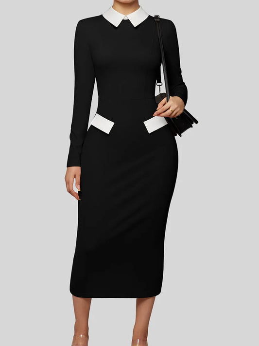 Elegant Fashion Women's Pencil Dress Polo Collar Design Professional Long Sleeved Solid Color Office Lady Dress